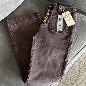 Wide Leg Chocolate Brown Jeans with Unique Buttons